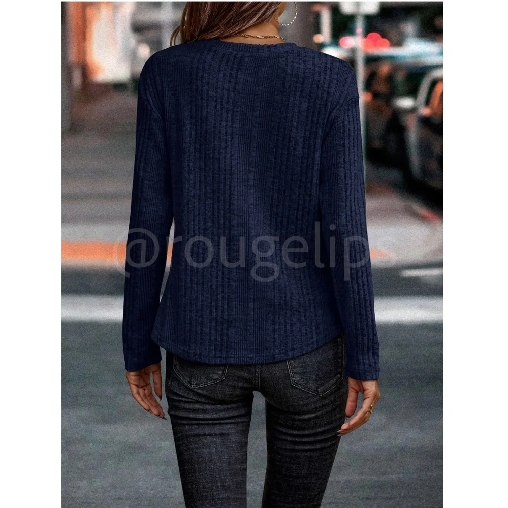 Navy Blue Rib Knit Long Sleeve Tee Shirt Decorative Buttons - Picture 2 of 6